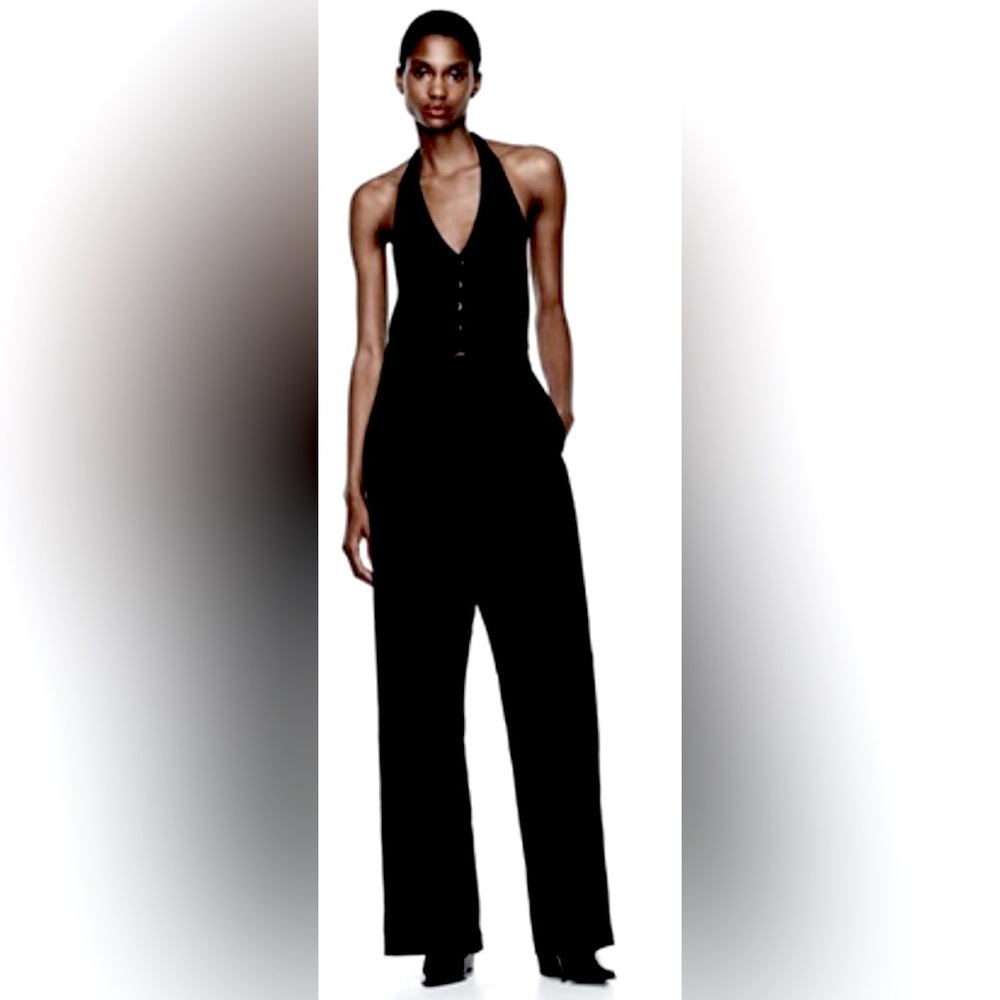 NWT Zara Halter Neck Black Jacquard Tuxedo Jumpsuit ZB5